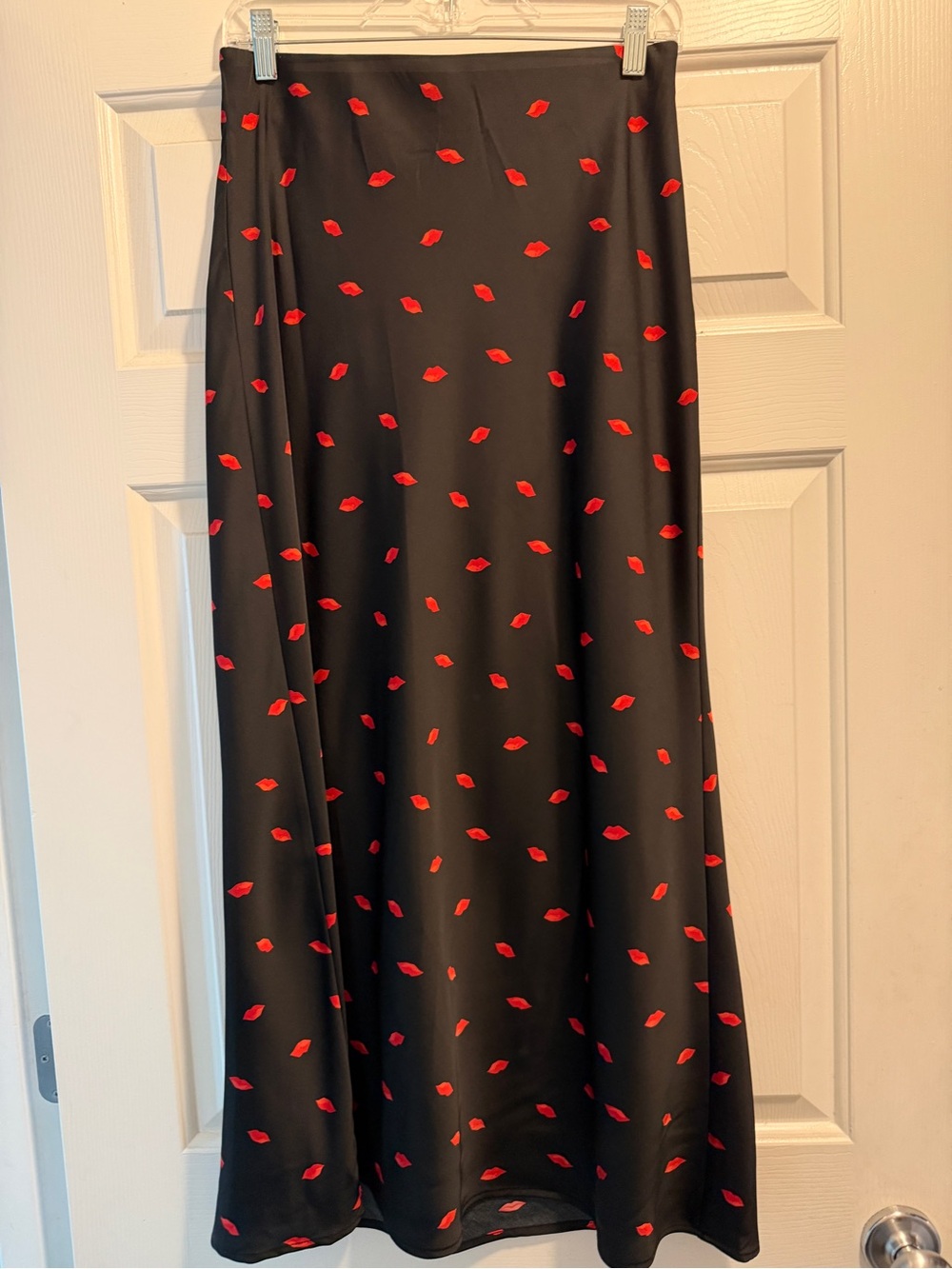 Black Satin Midi Skirt with Red Lip Print